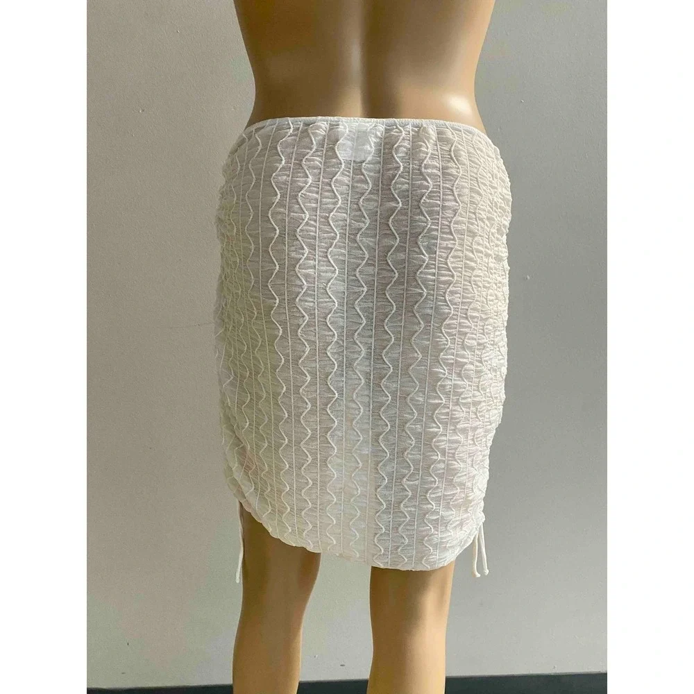White Ruched Textured Mini Skirt Sarong Festival Bodycon Sheer Large